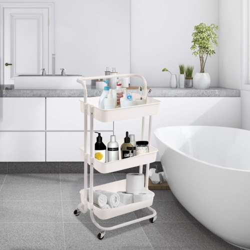 3 Tier Rolling Utility Cart with Hooks & Handle Storage Organization Shelves for Kitchen, Bathroom, Office, Library, Coffee Bar Trolley Service Cart,
