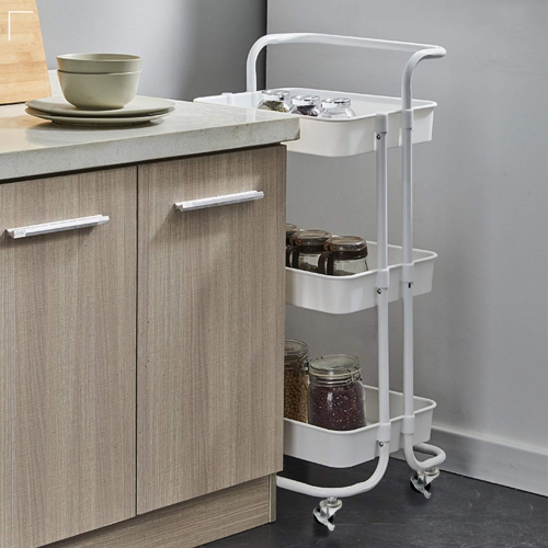 3 Tier Rolling Utility Cart with Hooks & Handle Storage Organization Shelves for Kitchen, Bathroom, Office, Library, Coffee Bar Trolley Service Cart,