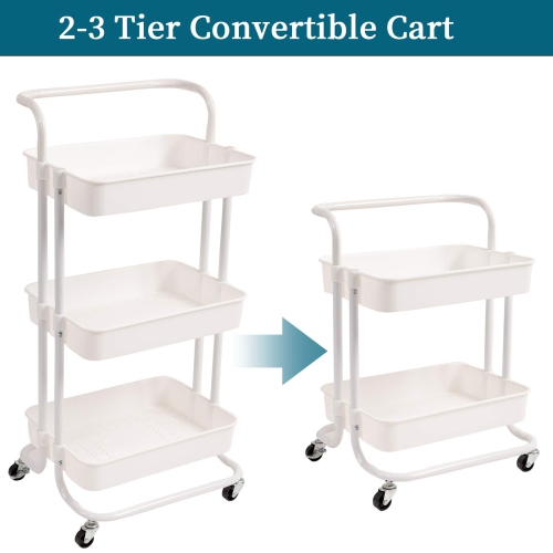 3 Tier Rolling Utility Cart with Hooks & Handle Storage Organization Shelves for Kitchen, Bathroom, Office, Library, Coffee Bar Trolley Service Cart,