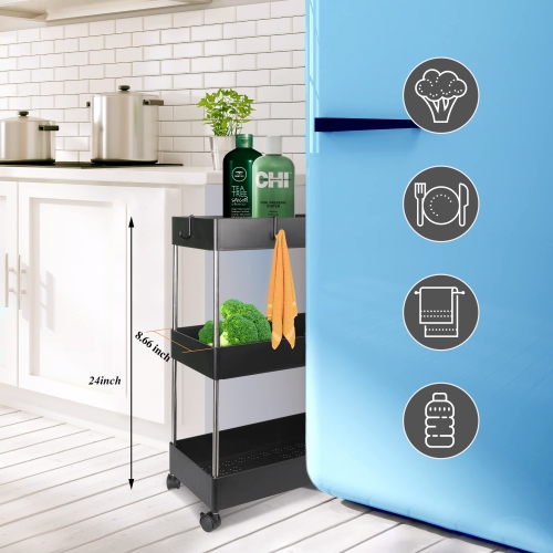 3-Tier Rolling Kitchen Cart, Storage Rack with Wheels, Mobile Shelving Organizer,Slide Out Storage Rolling Utility Snack Cart for Kitchen Bathroom
