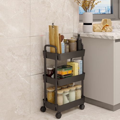 Chariot utilitaire à roulettes à 3 niveaux pour la cuisine, rangement multifonction avec poignée et 2 roulettes verrouillables pour la cuisine, la