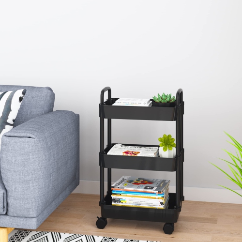 Chariot utilitaire à roulettes à 3 niveaux pour la cuisine, rangement multifonction avec poignée et 2 roulettes verrouillables pour la cuisine, la