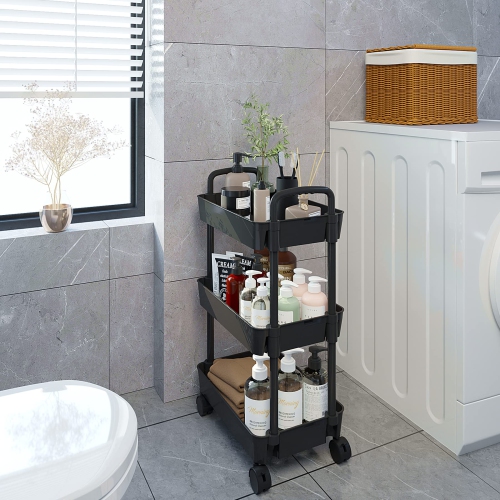 Chariot utilitaire à roulettes à 3 niveaux pour la cuisine, rangement multifonction avec poignée et 2 roulettes verrouillables pour la cuisine, la