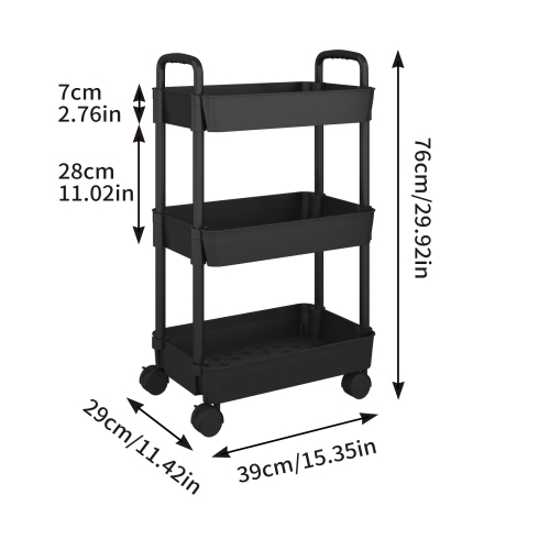 Chariot utilitaire à roulettes à 3 niveaux pour la cuisine, rangement multifonction avec poignée et 2 roulettes verrouillables pour la cuisine, la