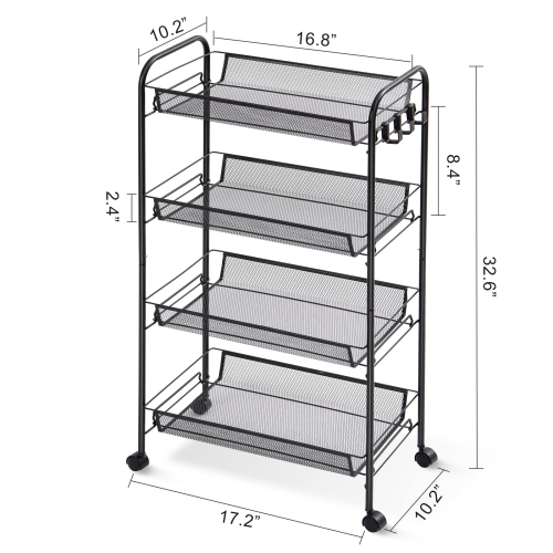 4-Tier Rolling Cart, Mobile Utility Cart with Mesh Baskets, Easy Assemble Multi-Purpose Storage Organizer, Serving Trolley for