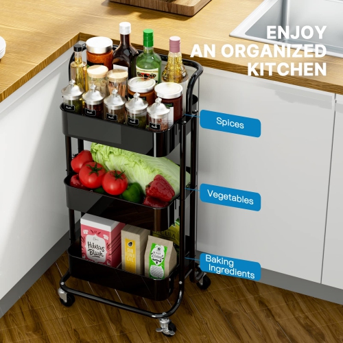 3 Tier Mesh Utility Cart, Rolling Metal Organization Cart with Handle and Lockable Wheels, Multifunctional Storage Shelves for Kitchen Living Room