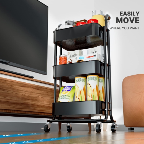 3 Tier Mesh Utility Cart, Rolling Metal Organization Cart with Handle and Lockable Wheels, Multifunctional Storage Shelves for Kitchen Living Room