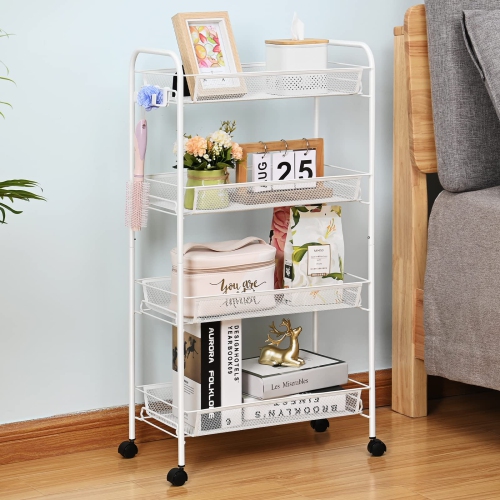 4-Tier Rolling Cart, Metal Utility Cart with 3 Hooks, Easy Assemble Mobile Storage Trolley On Wheels, Slide Out Shelving Units Kitchen Bathroom