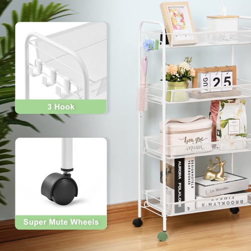 4-Tier Rolling Cart, Metal Utility Cart with 3 Hooks, Easy Assemble Mobile Storage Trolley On Wheels, Slide Out Shelving Units Kitchen Bathroom