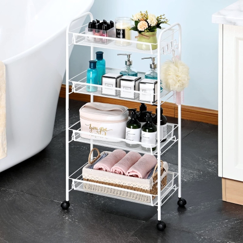 4-Tier Rolling Cart, Metal Utility Cart with 3 Hooks, Easy Assemble Mobile Storage Trolley On Wheels, Slide Out Shelving Units Kitchen Bathroom
