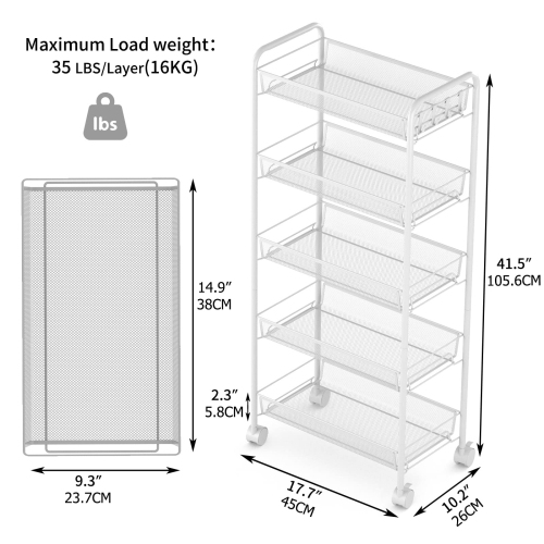 Chariot roulant à 5 niveaux, chariot utilitaire pour salle de bain, cuisine, bureau, rangement sur roulettes, chariot de classement, Étagère de
