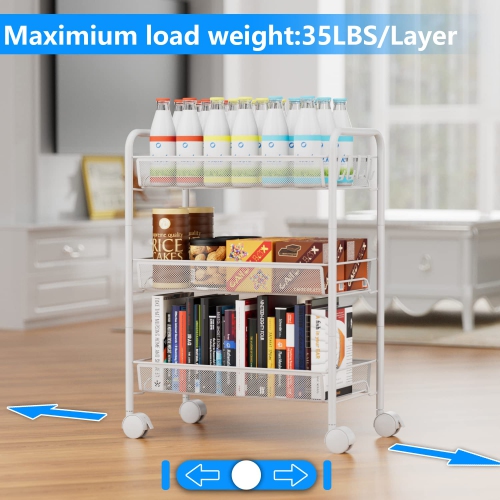 Mesh Wire Rolling Cart, 3 tier Kitchen Storage Utility Cart, Multifunction Basket Stand for Bathroom Office File Cart, Full Metal Storage Organizer