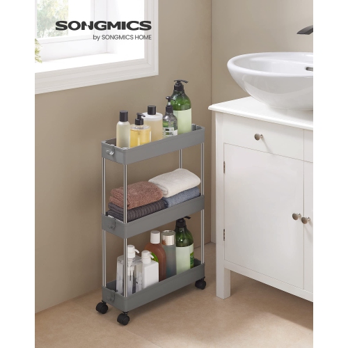Rolling Cart, 3-Tier Slim Kitchen Storage Cart, Bathroom Shelf with Wheels, Small Space Organizer, Narrow for Bathroom Dorm Room, 16.5 x 5.3 x 24