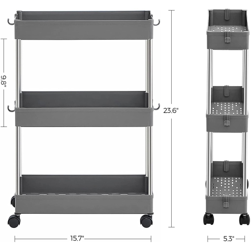 Rolling Cart, 3-Tier Slim Kitchen Storage Cart, Bathroom Shelf with Wheels, Small Space Organizer, Narrow for Bathroom Dorm Room, 16.5 x 5.3 x 24