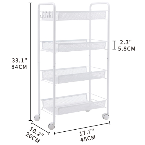 Étagère de rangement sur roulettes à 4 niveaux, chariot utilitaire mobile en métal avec étagère en treillis métallique, chariot sur roulettes pour la