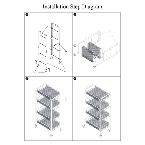 Étagère de rangement sur roulettes à 4 niveaux, chariot utilitaire mobile en métal avec étagère en treillis métallique, chariot sur roulettes pour la