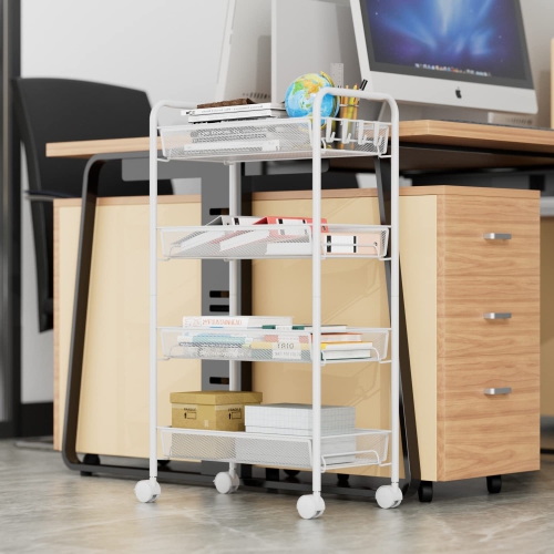 Mesh Wire Rolling Cart, 4 Tier Kitchen Storage Utility Cart, Multifunction Basket Stand for Bathroom Office, Full Metal Storage Organizer Art Trolley