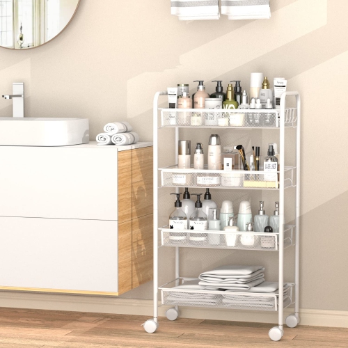 Mesh Wire Rolling Cart, 4 Tier Kitchen Storage Utility Cart, Multifunction Basket Stand for Bathroom Office, Full Metal Storage Organizer Art Trolley