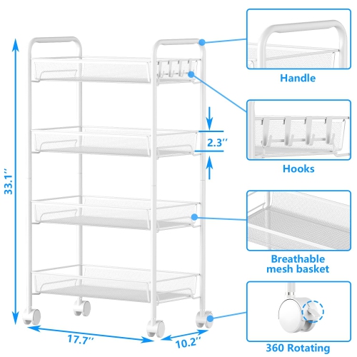 Mesh Wire Rolling Cart, 4 Tier Kitchen Storage Utility Cart, Multifunction Basket Stand for Bathroom Office, Full Metal Storage Organizer Art Trolley