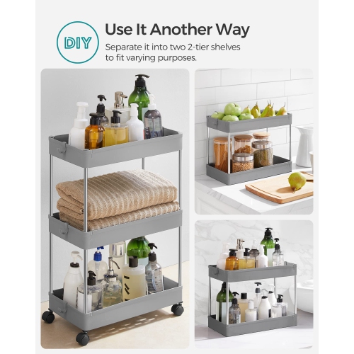 3-Tier Rolling Cart, Storage Cart with Wheels, Space-Saving Rolling Storage Cart, for Bathroom, Kitchen, Living Room, Office, 15.7 x 8.7 x 23.6