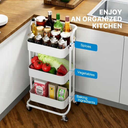 3-Tier Rolling Utility Cart, Multifunctional Metal Organization Storage Cart with 2 Lockable Wheels for Office, Home, Kitchen, Bedroom, Bathroom,