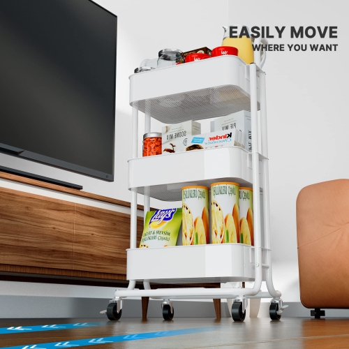 3-Tier Rolling Utility Cart, Multifunctional Metal Organization Storage Cart with 2 Lockable Wheels for Office, Home, Kitchen, Bedroom, Bathroom,