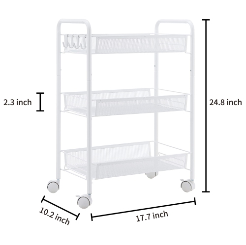 3-Tier Rolling Utility Storage Rack Cart on Wheels, Trolley Craft cart, Multi-Purpose Organizer Shelf, White