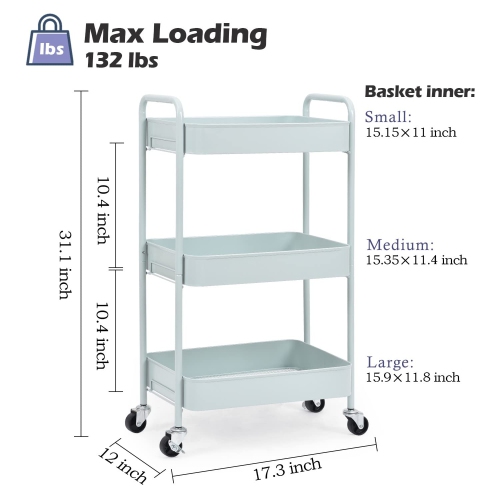 3-Tier Rolling Cart, Metal Utility Cart with Lockable Wheels, Storage Craft Art Cart Trolley Organizer Serving Cart Easy Assembly for Office,