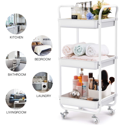 3-Tier Storage Rolling Cart, Kitchen Utility Cart with Wheels, Plastic Organiser Cart Rolling Trolley Shelving Unit, Storage Rack, Fruit Vegetable