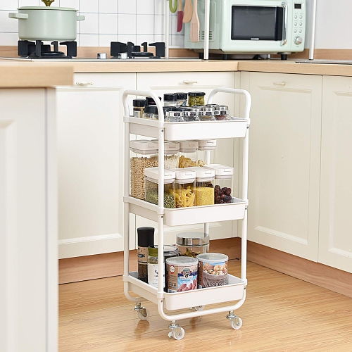 3-Tier Storage Rolling Cart, Kitchen Utility Cart with Wheels, Plastic Organiser Cart Rolling Trolley Shelving Unit, Storage Rack, Fruit Vegetable