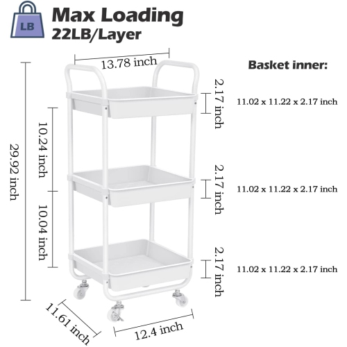 3-Tier Storage Rolling Cart, Kitchen Utility Cart with Wheels, Plastic Organiser Cart Rolling Trolley Shelving Unit, Storage Rack, Fruit Vegetable