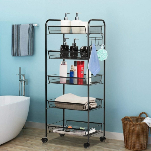 5-Tier Rolling Storage Rack Cart Organizer, Utility Mobile Metal Mesh Trolley with Wire Basket Shelving, Cart on Wheels for Kitchen Office Bathroom,