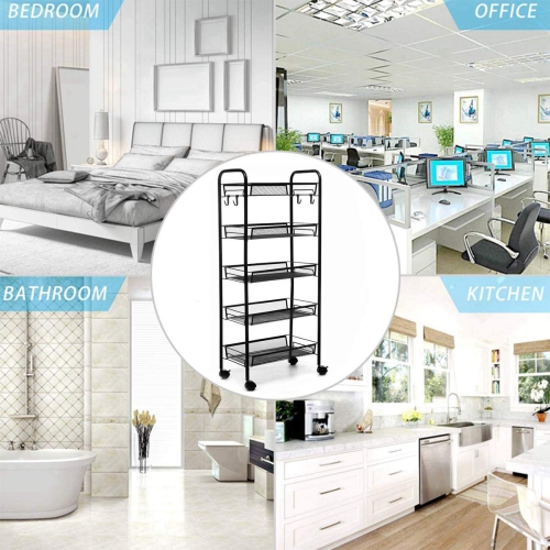 5-Tier Rolling Storage Rack Cart Organizer, Utility Mobile Metal Mesh Trolley with Wire Basket Shelving, Cart on Wheels for Kitchen Office Bathroom,