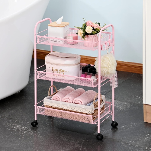 3-Tier Rolling Cart,Easy Assemble Mobile Storage Trolley On Wheels,Slide Out Utility Cart Shelving Units Kitchen Bathroom Laundry Room Pink