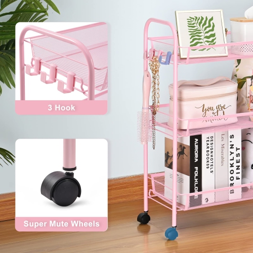 3-Tier Rolling Cart,Easy Assemble Mobile Storage Trolley On Wheels,Slide Out Utility Cart Shelving Units Kitchen Bathroom Laundry Room Pink