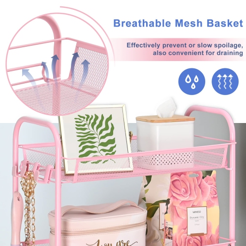 3-Tier Rolling Cart,Easy Assemble Mobile Storage Trolley On Wheels,Slide Out Utility Cart Shelving Units Kitchen Bathroom Laundry Room Pink