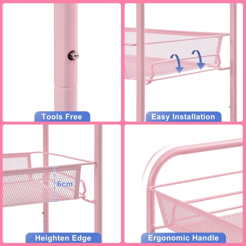 3-Tier Rolling Cart,Easy Assemble Mobile Storage Trolley On Wheels,Slide Out Utility Cart Shelving Units Kitchen Bathroom Laundry Room Pink