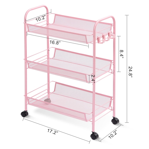 3-Tier Rolling Cart,Easy Assemble Mobile Storage Trolley On Wheels,Slide Out Utility Cart Shelving Units Kitchen Bathroom Laundry Room Pink