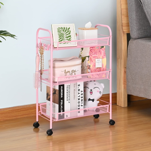 3-Tier Rolling Cart,Easy Assemble Mobile Storage Trolley On Wheels,Slide Out Utility Cart Shelving Units Kitchen Bathroom Laundry Room Pink