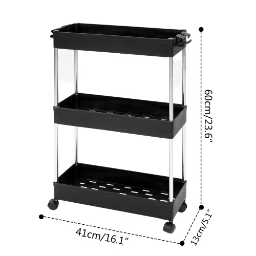3-Tier Utility Cart Slim Storage Shelf Cart Rolling Cart Storage Rack with Wheels Suitable for Kitchen / Bedroom / Living Room / Bathroom, PP and