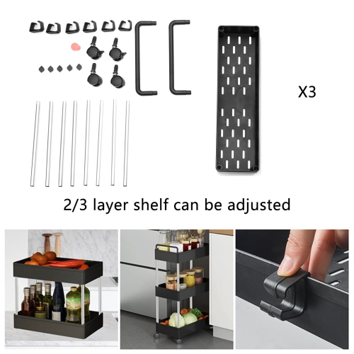 3-Tier Utility Cart Slim Storage Shelf Cart Rolling Cart Storage Rack with Wheels Suitable for Kitchen / Bedroom / Living Room / Bathroom, PP and