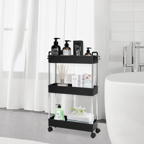 3-Tier Utility Cart Slim Storage Shelf Cart Rolling Cart Storage Rack with Wheels Suitable for Kitchen / Bedroom / Living Room / Bathroom, PP and