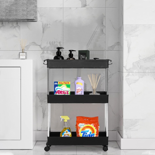 3-Tier Utility Cart Slim Storage Shelf Cart Rolling Cart Storage Rack with Wheels Suitable for Kitchen / Bedroom / Living Room / Bathroom, PP and