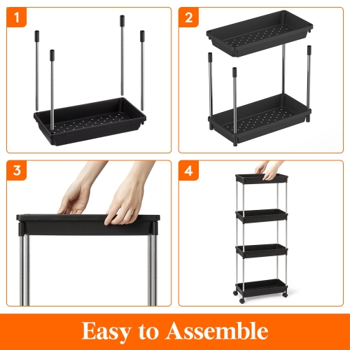 Rolling Utility Cart 7.9" Width for Bathroom LaundryRoom Kitchen Narrow Space, 4 Tier Slide-Out Storage Cart Organizer Rack Shelf with Wheels for