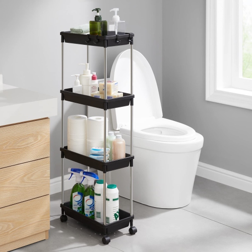 Rolling Utility Cart 7.9" Width for Bathroom LaundryRoom Kitchen Narrow Space, 4 Tier Slide-Out Storage Cart Organizer Rack Shelf with Wheels for