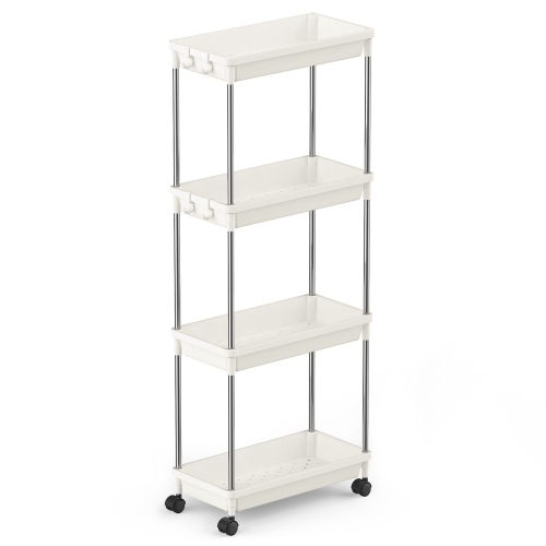 HLD Rolling Utility Cart 7.9" Width for Bathroom Laundryroom Kitchen Narrow Space, 4 Tier Slide-Out Storage Cart Organizer Rack Shelf With Wheels for Space-Saving, Easy Assembly, White