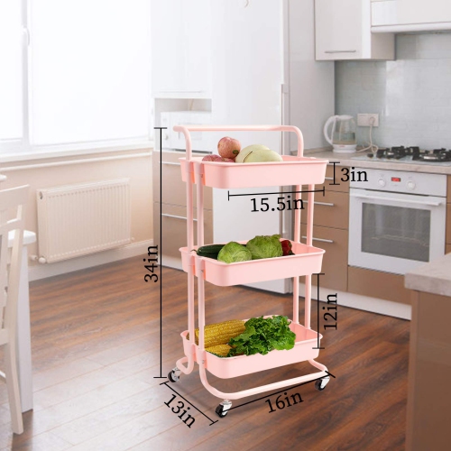 3 Tier Rolling Utility Cart with Hooks & Handle Storage Organization Shelves for Kitchen, Bathroom, Office, Library, Coffee Bar Trolley Service Cart,