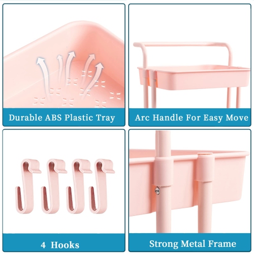 3 Tier Rolling Utility Cart with Hooks & Handle Storage Organization Shelves for Kitchen, Bathroom, Office, Library, Coffee Bar Trolley Service Cart,