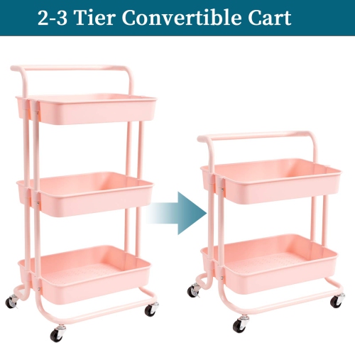 3 Tier Rolling Utility Cart with Hooks & Handle Storage Organization Shelves for Kitchen, Bathroom, Office, Library, Coffee Bar Trolley Service Cart,