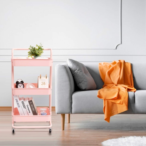 3 Tier Rolling Utility Cart with Hooks & Handle Storage Organization Shelves for Kitchen, Bathroom, Office, Library, Coffee Bar Trolley Service Cart,